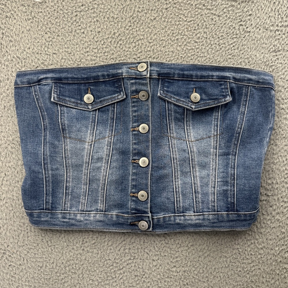Y2K Rue 21 Denim Jean Corset Strapless Top Tue Bustier Stretch Women's Large